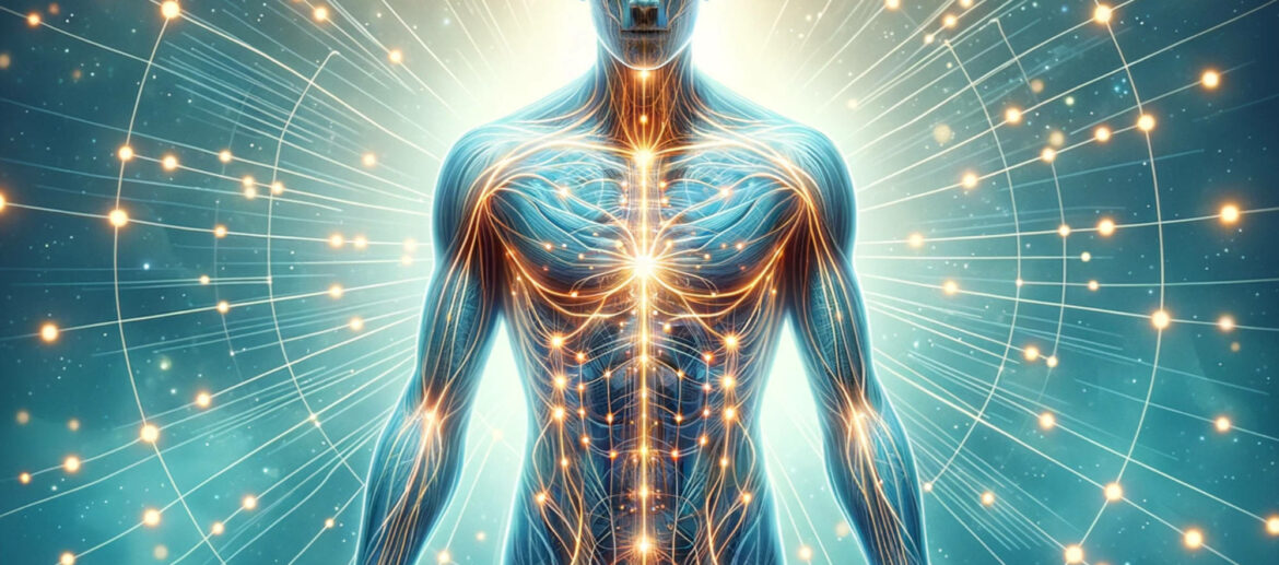 Illustration des méridiens énergétiques du corps humain, avec une mise en évidence du méridien de la Vésicule Biliaire, essentiel pour l'équilibre énergétique et émotionnel.